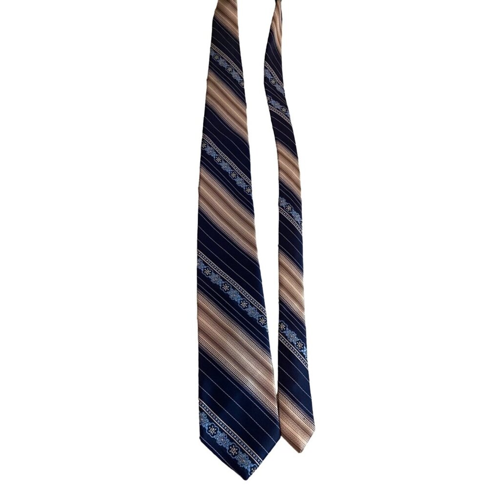 Vintage McCall’s by Damon Necktie Navy Tan Floral Stripe Retro Dad Gift